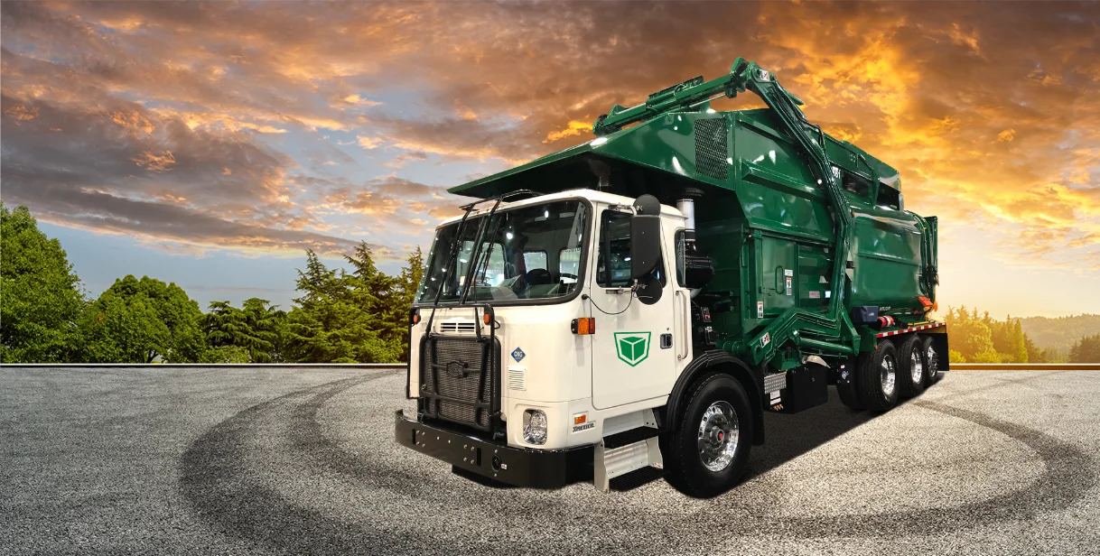 amrep front loader garbage truck with wastebuilt logo on door