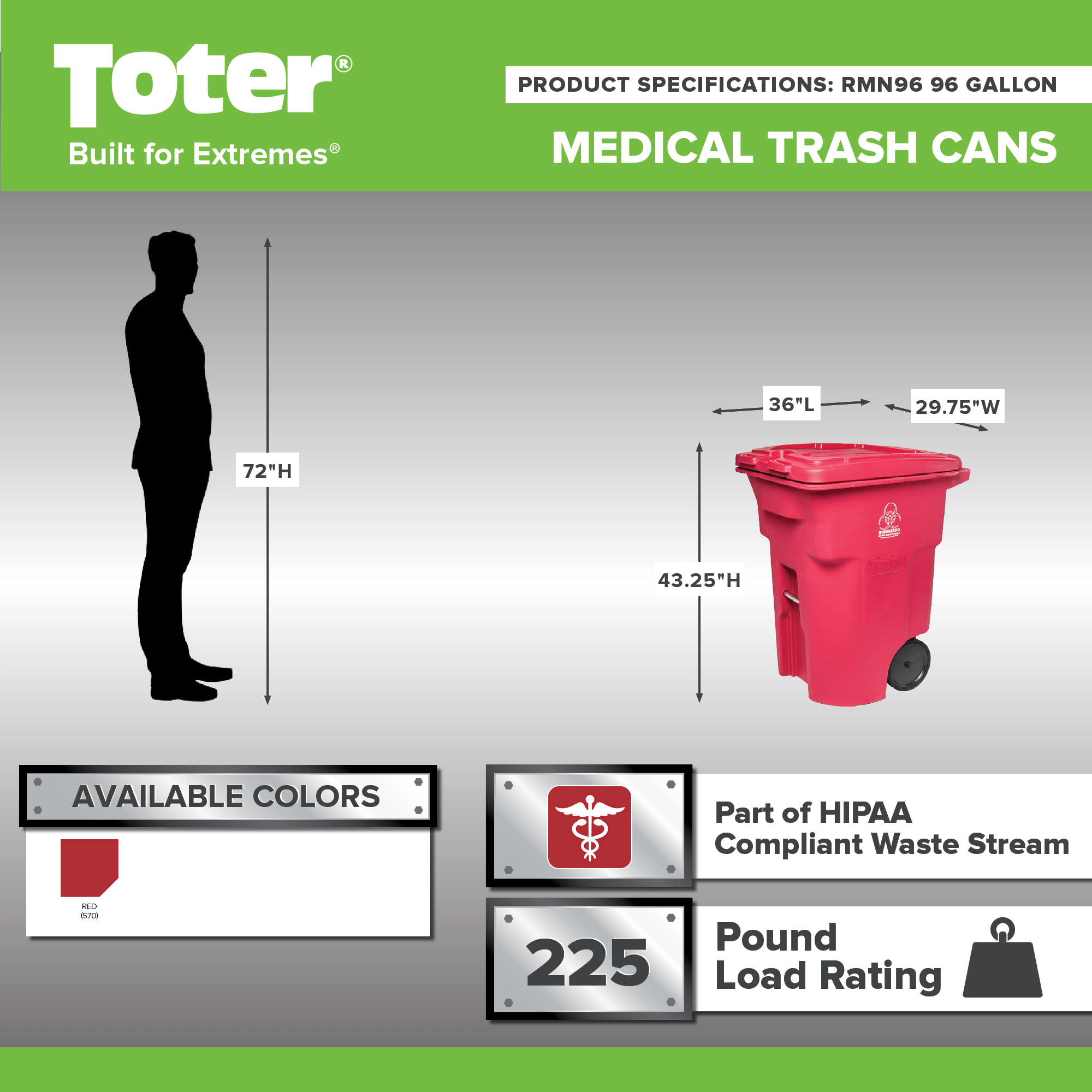 Toter® 96 Gal. Red Hazardous Waste Trash Can with Wheels and