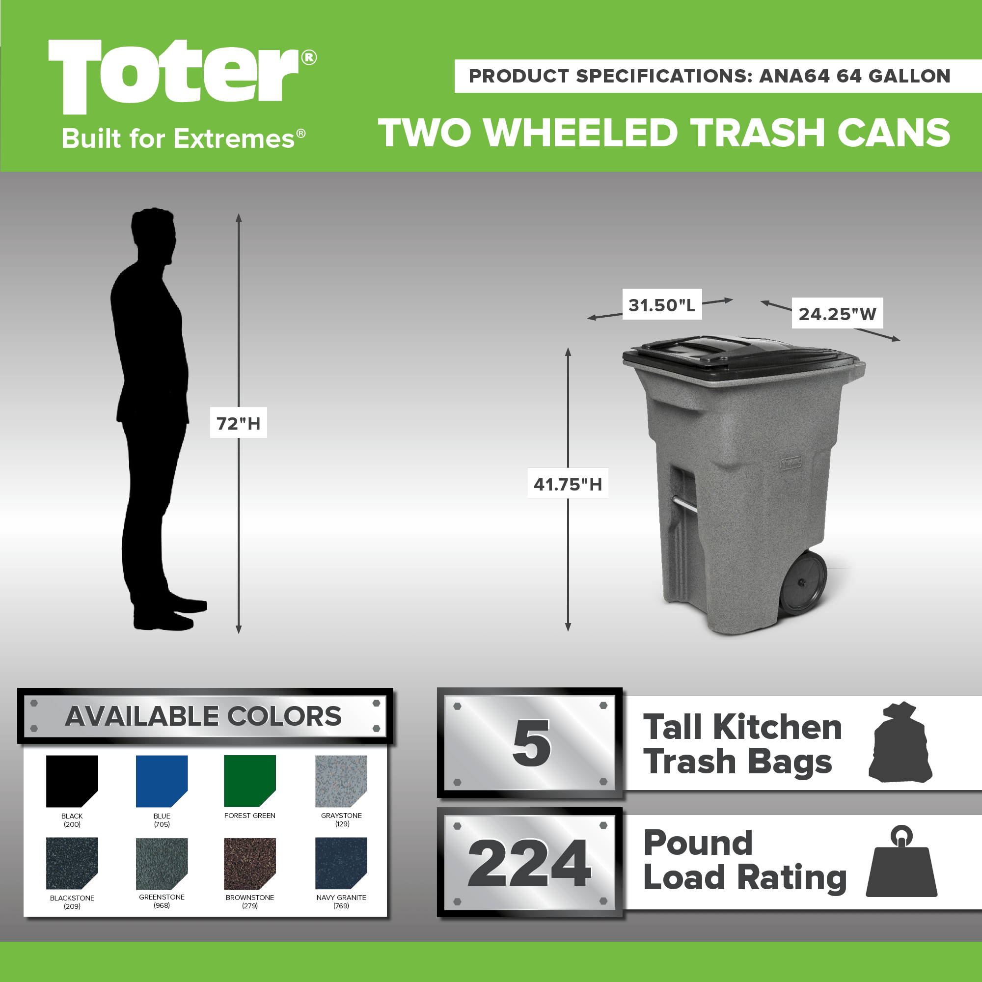 Toter® 64 Gal. Blue Trash Can with Quiet Wheels and Attached Blue Lid