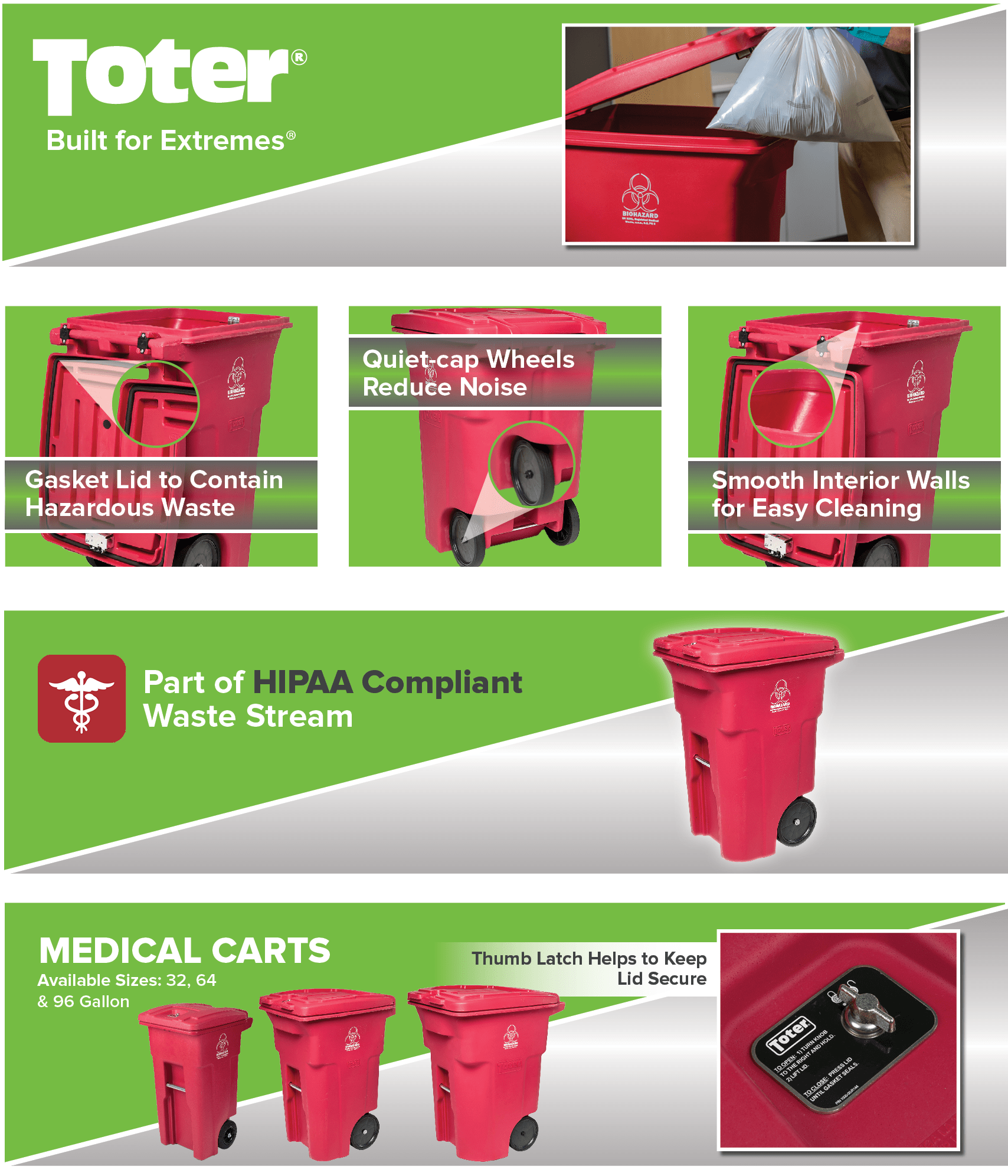 Toter® 64 Gal. Red Hazardous Waste Trash Can with Wheels and Lid Lock