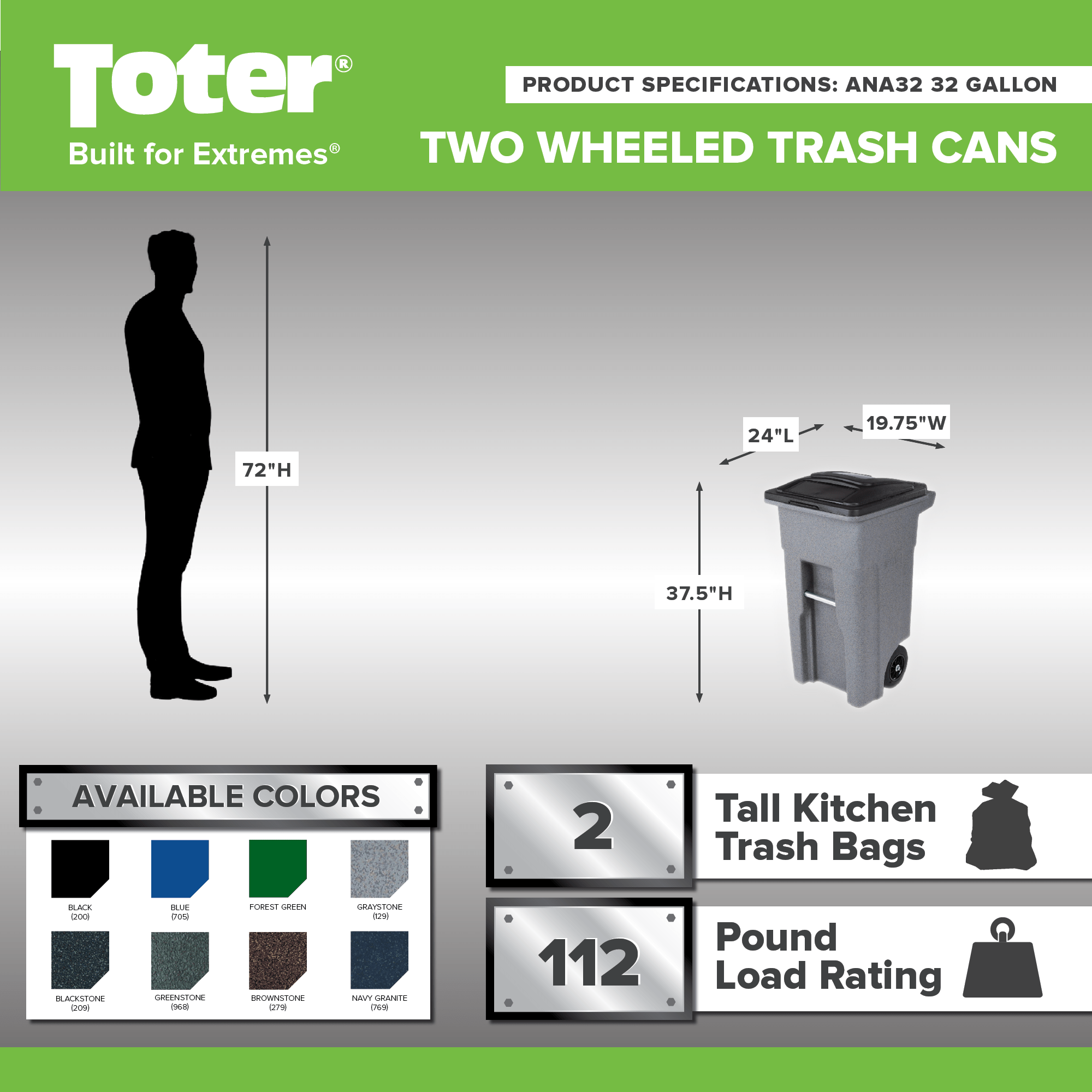 Toter® 32 Gal. Blue Trash Can with Quiet Wheels and Attached Blue Lid