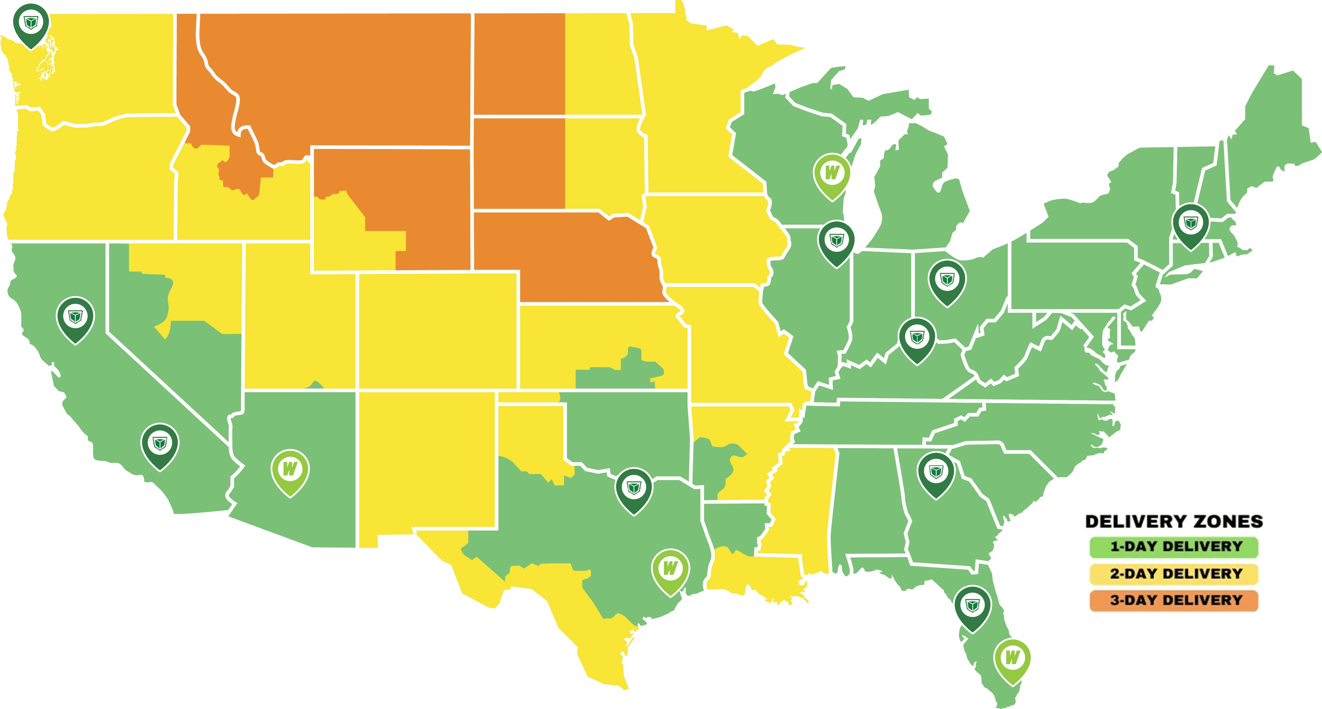 wastebuilt shipping map with day delivery zones