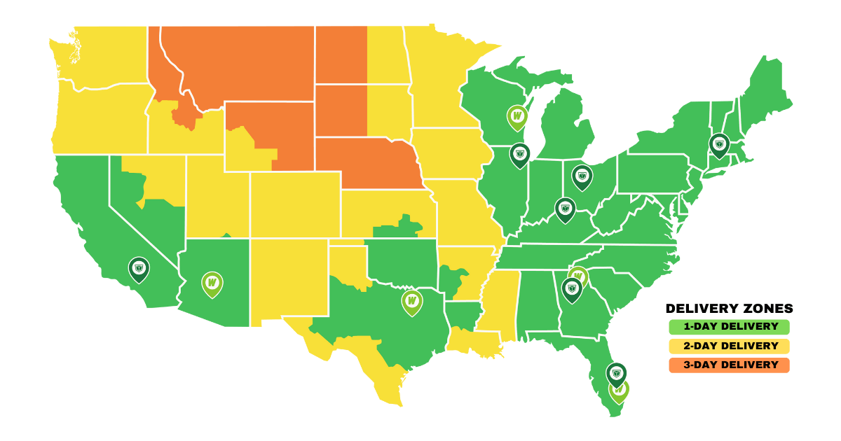 wastebuilt shipping map with day delivery zones